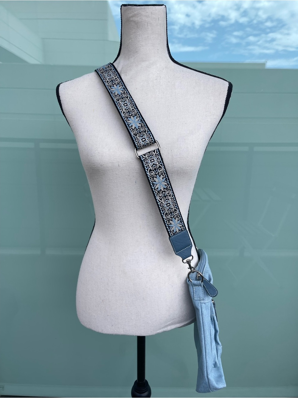 Stone Mountain Denim Crossbody Bag with Embroidered Strap
